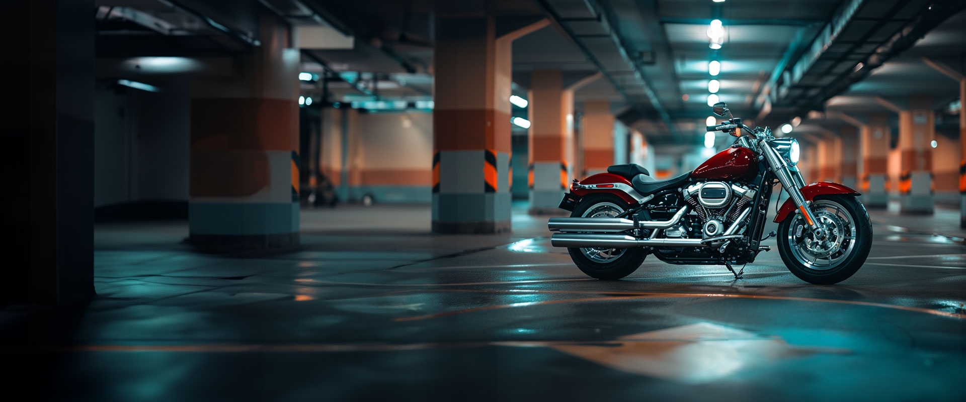Decorative image of Harley-Davidson motorcycle in a parking garage